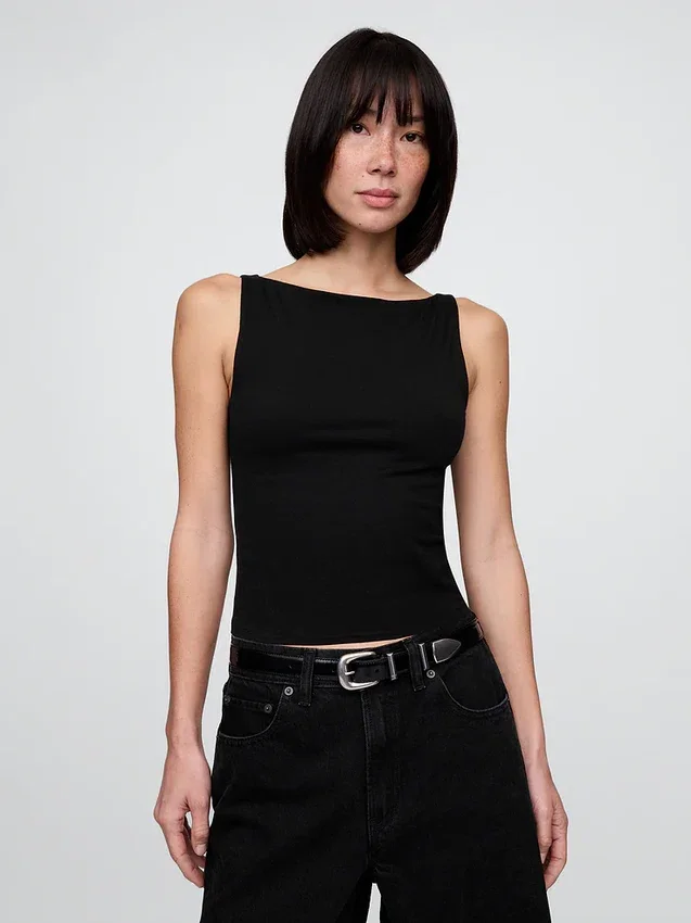 Crop-tanktop van dichtgebreide jersey met boothals