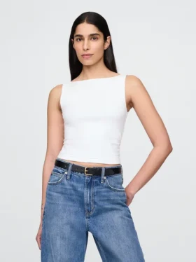 Crop-tanktop van dichtgebreide jersey met boothals