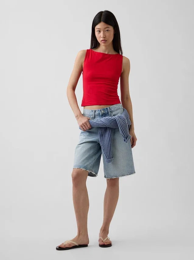Crop-tanktop van dichtgebreide jersey met boothals