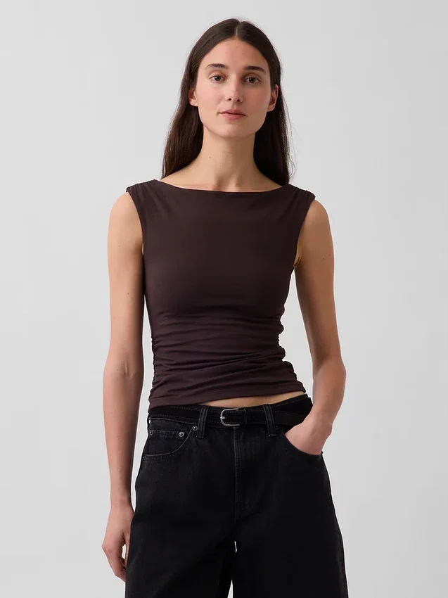 Crop-top van dichtgebreide jersey met ruches