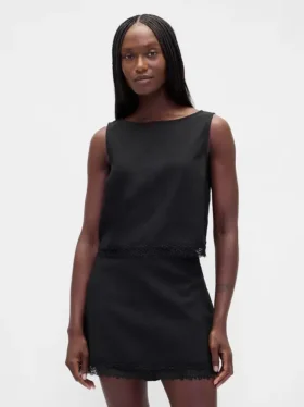 Crop-top van linnenmix met kanten zoom