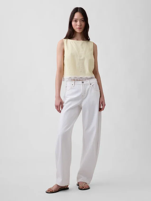 Crop-top van linnenmix met kanten zoom