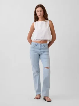 Crop-top van linnenmix met kanten zoom