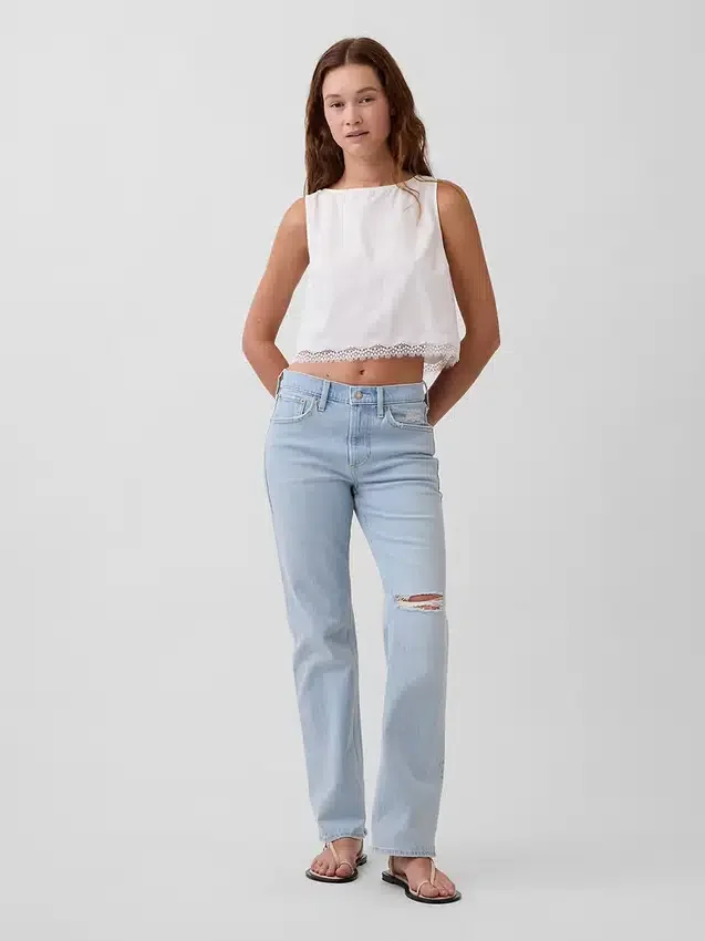 Crop-top van linnenmix met kanten zoom