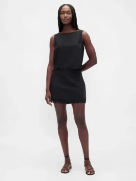 Crop-top van linnenmix met kanten zoom