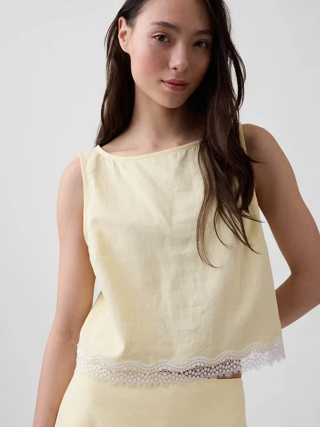Crop-top van linnenmix met kanten zoom