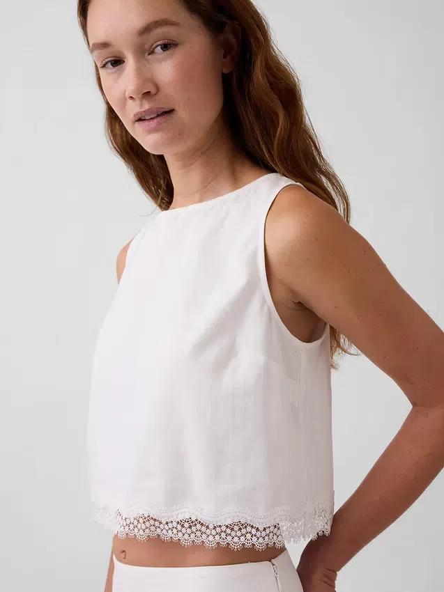 Crop-top van linnenmix met kanten zoom