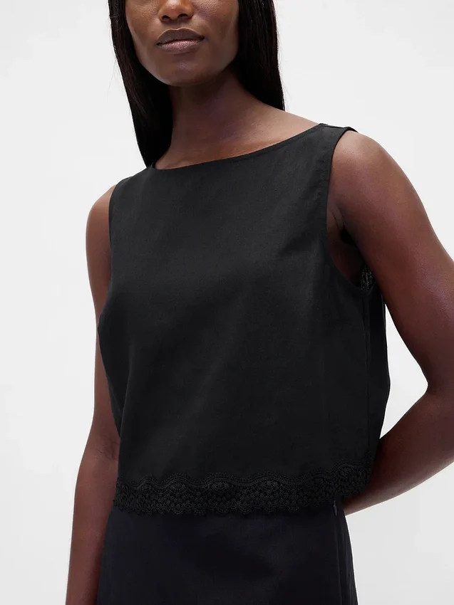 Crop-top van linnenmix met kanten zoom