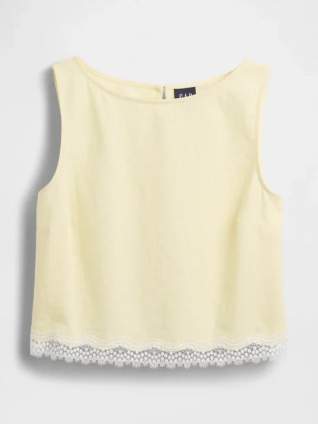 Crop-top van linnenmix met kanten zoom