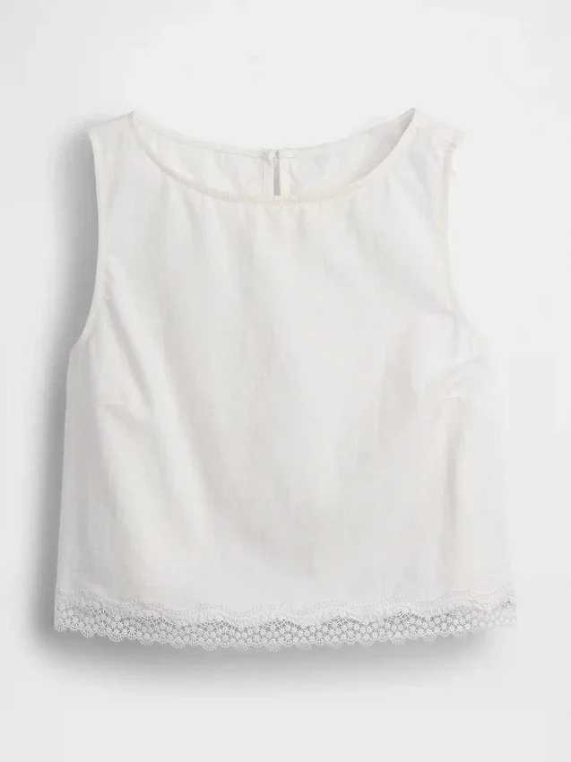 Crop-top van linnenmix met kanten zoom