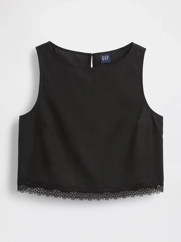Crop-top van linnenmix met kanten zoom