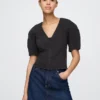 Cropshirt van denim met wijd uitlopende mouwen