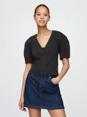 Cropshirt van denim met wijd uitlopende mouwen