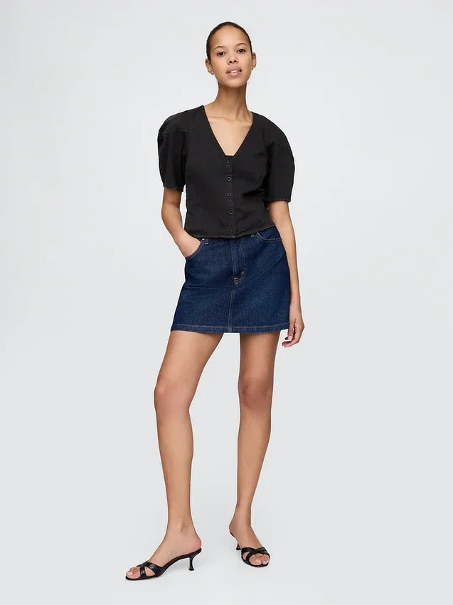 Cropshirt van denim met wijd uitlopende mouwen