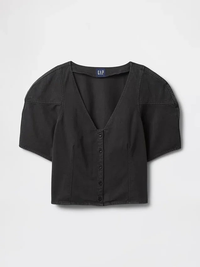 Cropshirt van denim met wijd uitlopende mouwen