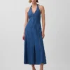 Denim halter maxi-jurk met naden