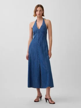 Denim halter maxi-jurk met naden