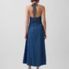 Denim halter maxi-jurk met naden