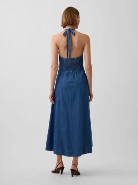 Denim halter maxi-jurk met naden