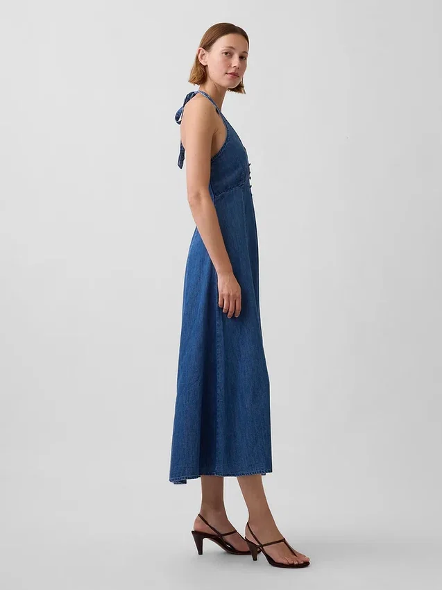 Denim halter maxi-jurk met naden
