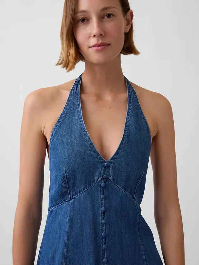 Denim halter maxi-jurk met naden