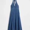 Denim halter maxi-jurk met naden