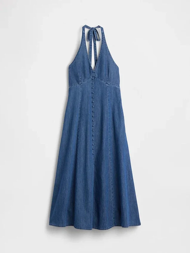 Denim halter maxi-jurk met naden