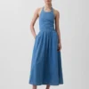 Denim halter maxi-jurk met strik aan de achterkant