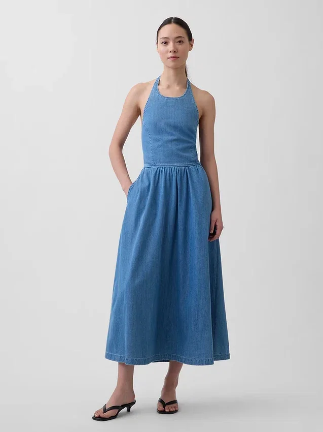 Denim halter maxi-jurk met strik aan de achterkant
