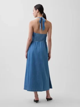Denim halter maxi-jurk met strik aan de achterkant