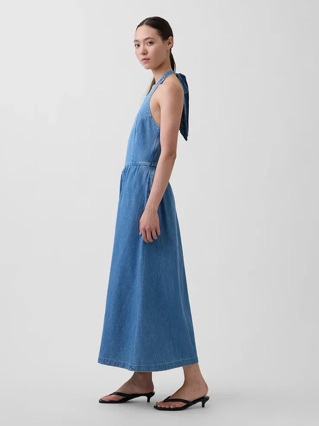 Denim halter maxi-jurk met strik aan de achterkant