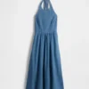 Denim halter maxi-jurk met strik aan de achterkant