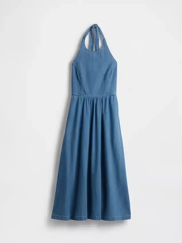 Denim halter maxi-jurk met strik aan de achterkant