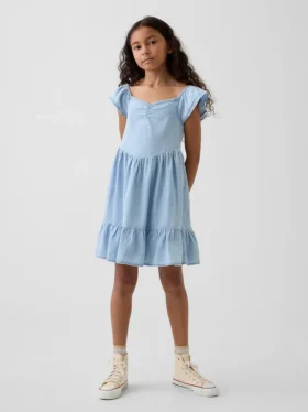 Denim jurk met fladdermouwtjes en sweetheart-halslijn