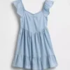 Denim jurk met fladdermouwtjes en sweetheart-halslijn