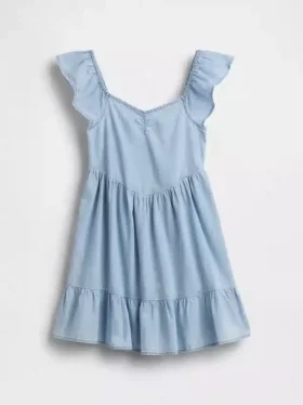 Denim jurk met fladdermouwtjes en sweetheart-halslijn