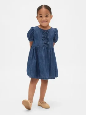 Denim jurk met pofmouwtjes en strik voor Baby & Peuter