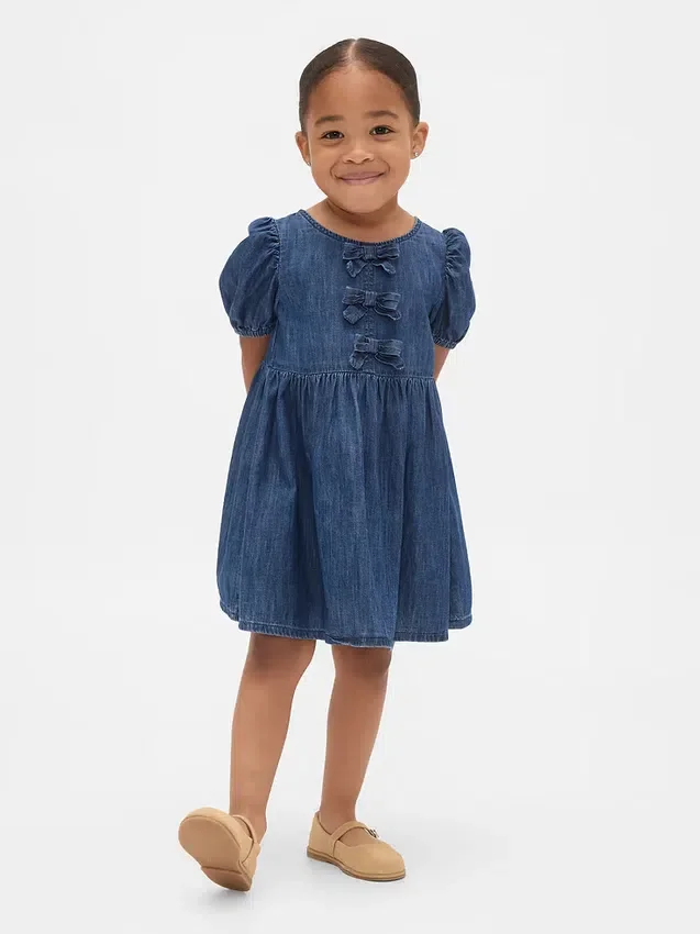 Denim jurk met pofmouwtjes en strik voor Baby & Peuter