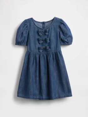 Denim jurk met pofmouwtjes en strik voor Baby & Peuter