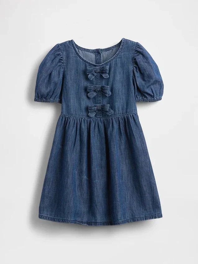 Denim jurk met pofmouwtjes en strik voor Baby & Peuter