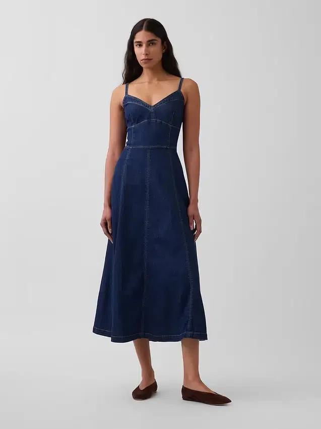 Denim maxi-jurk met naad in corsetstijl