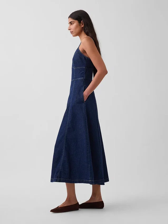 Denim maxi-jurk met naad in corsetstijl