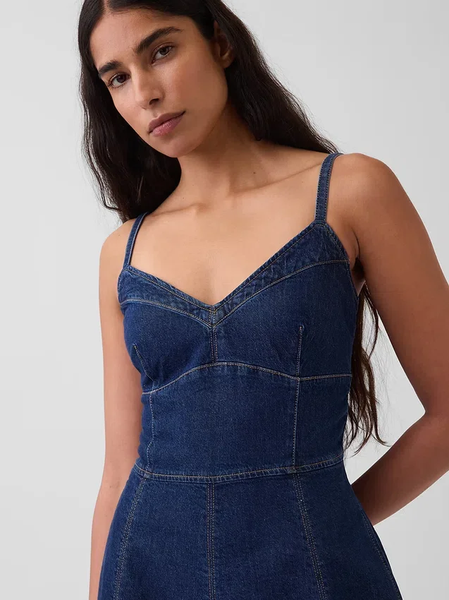 Denim maxi-jurk met naad in corsetstijl