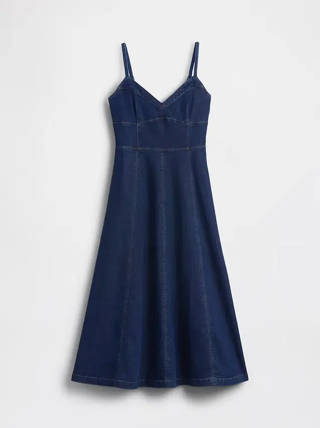 Denim maxi-jurk met naad in corsetstijl