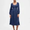 Denim midi-jurk met hartvormige halslijn