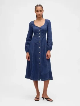 Denim midi-jurk met hartvormige halslijn