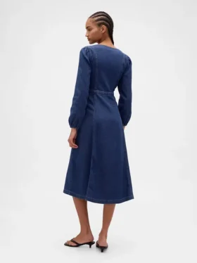 Denim midi-jurk met hartvormige halslijn
