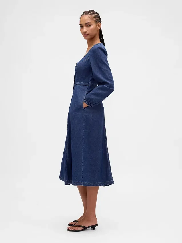 Denim midi-jurk met hartvormige halslijn