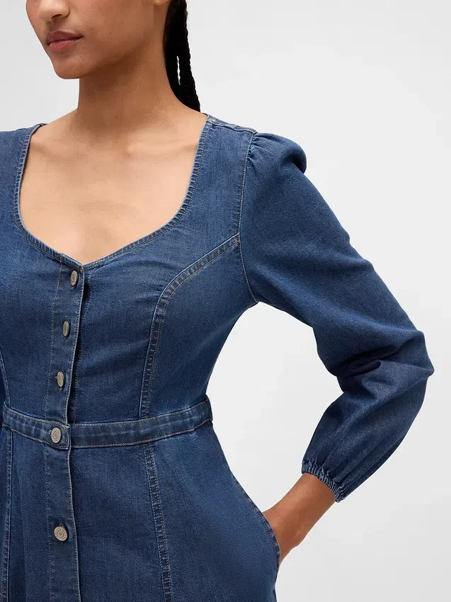 Denim midi-jurk met hartvormige halslijn