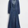 Denim midi-jurk met hartvormige halslijn